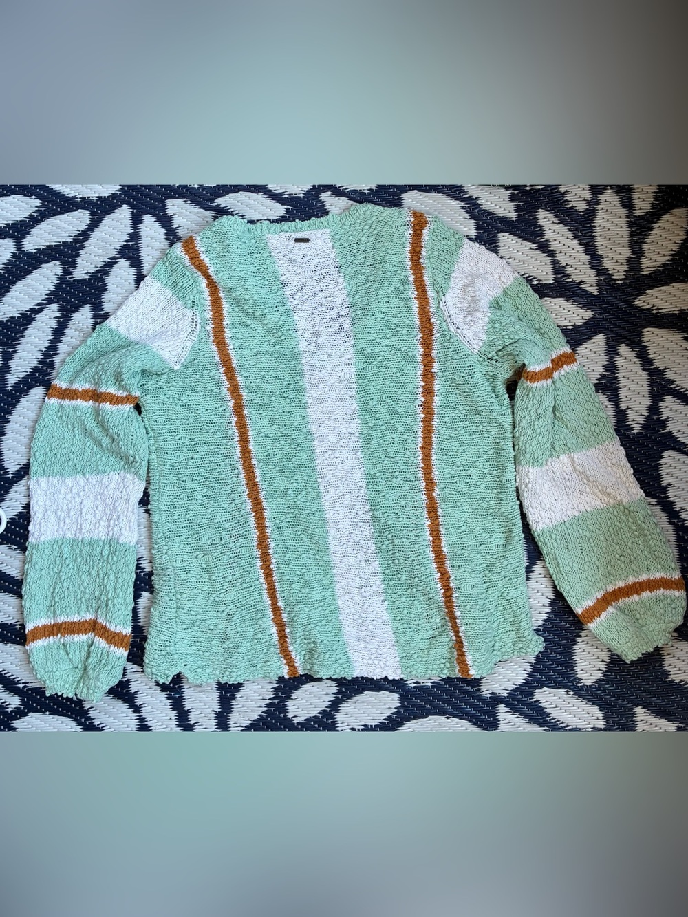 O'Neill Mint Green, White & Rust Striped V-Neck Summer Sweater - Picture 6 of 6